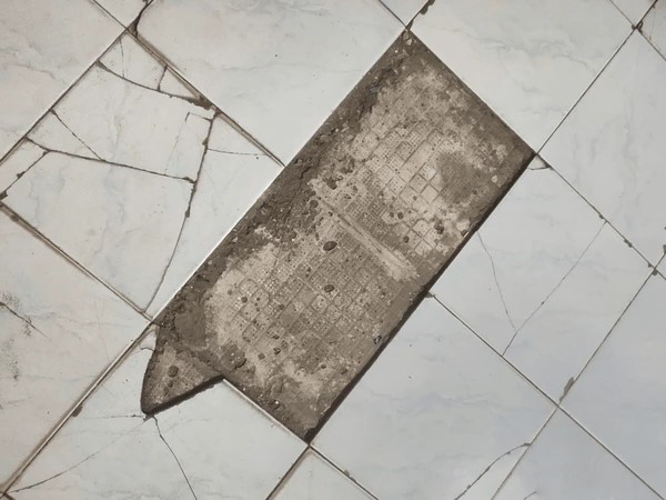 Old stained and damaged floor tiles in a Ugandan property before renovation